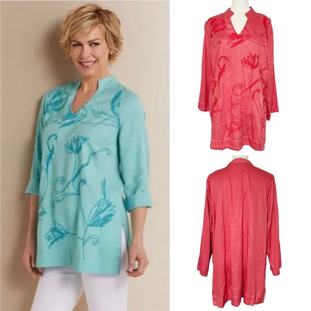 Soft Surroundings Artista Tunic Baked Apple Red Floral Embroidered